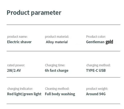Product parameter table for an electric shaver with details on material, color, power, charging time, and more.