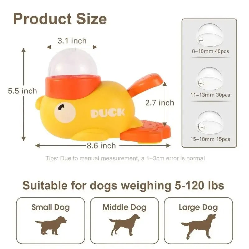 Measurement chart of a yellow duck-shaped dog toy with size details and compatibility for dogs.