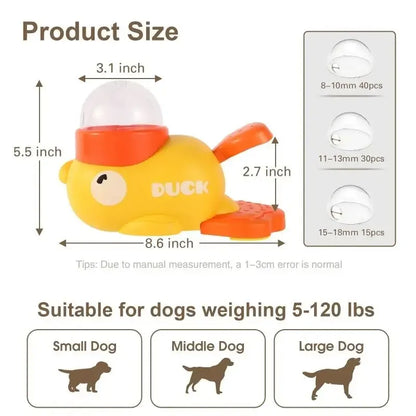 Measurement chart of a yellow duck-shaped dog toy with size details and compatibility for dogs.