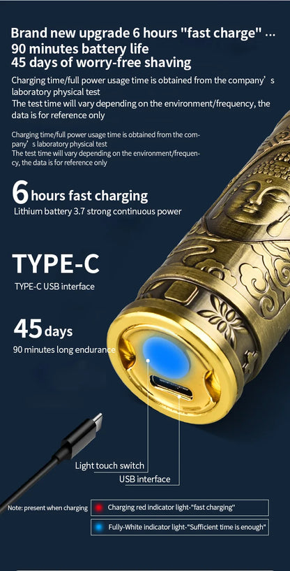 Gold cylindrical device with blue light and charging interface on a dark background