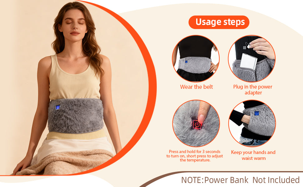 Woman wearing a heating belt with usage steps displayed on the right.